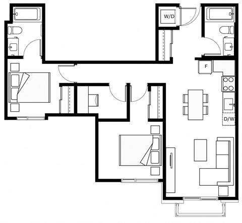 Floor plan for 2 beds, 2 baths, 765 sqft